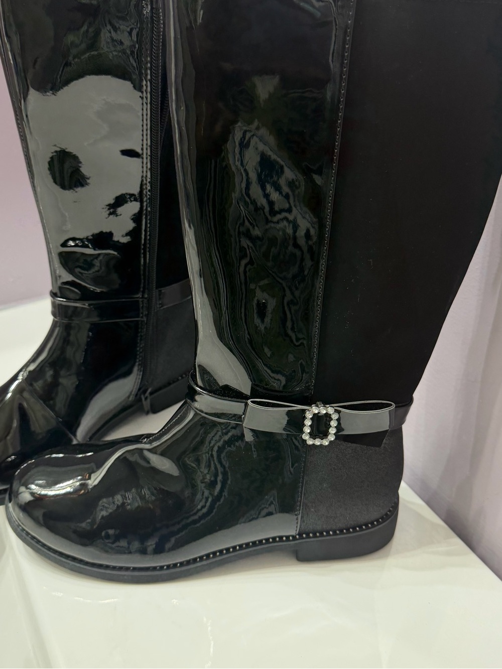 The Children's Place Black Patent & Suede Knee Boots with Pearl Buckle